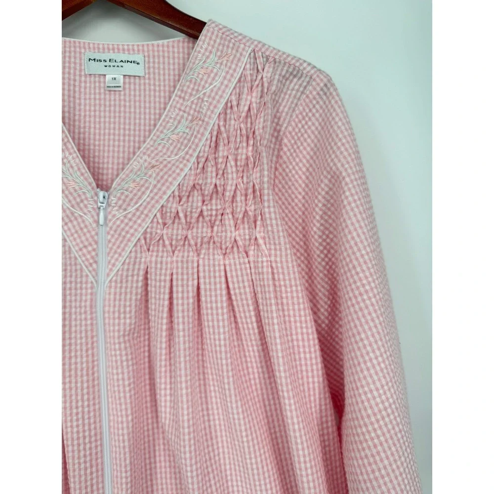 Miss Elaine Womens Nightgown 1X Gingham Smocked Embroidered Housecoat Duster